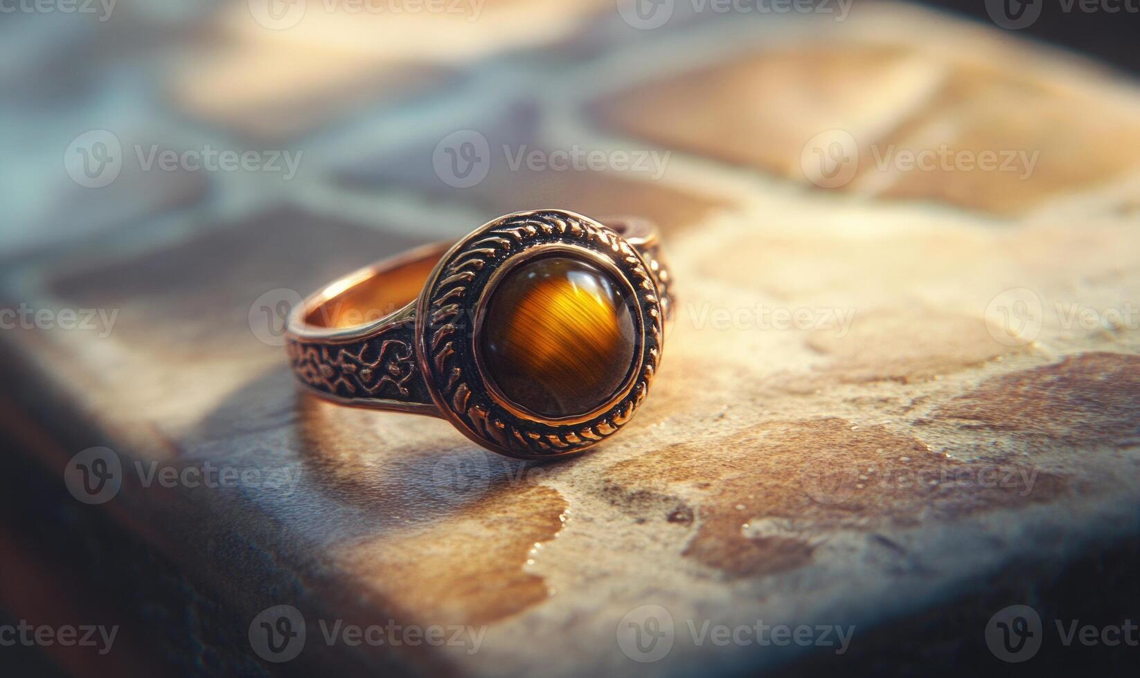 A gold and copper ring with a brown stone in the center photo