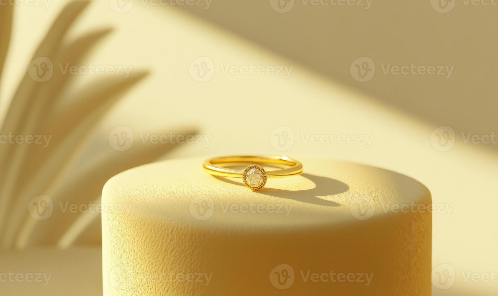 A gold ring with a diamond on it is sitting on a yellow surface photo