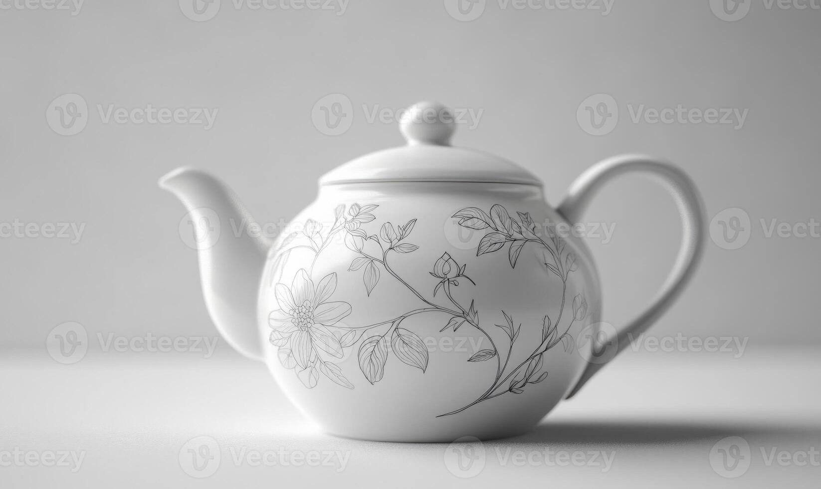 A white tea pot with a floral design sits on a white table photo