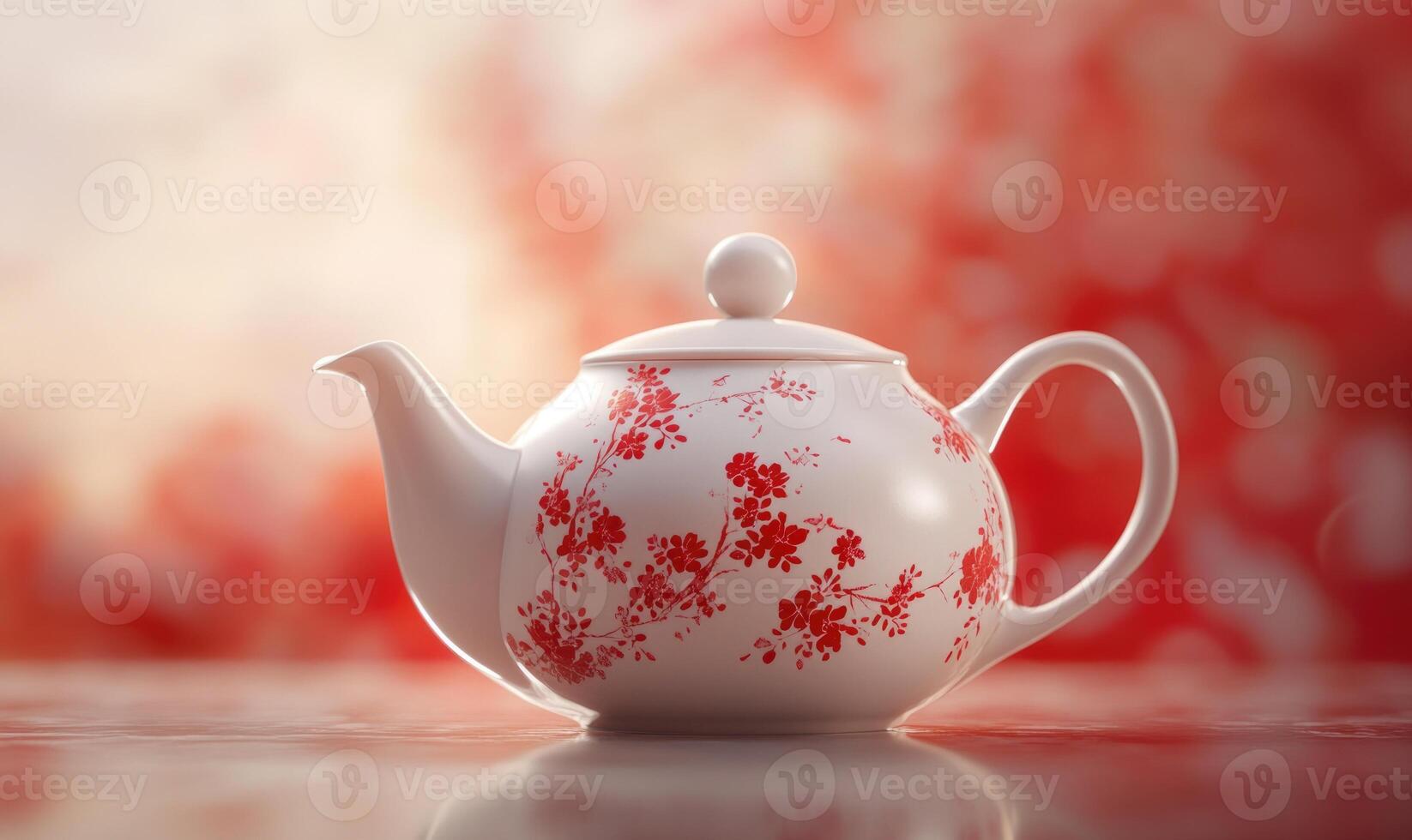 A white and red tea pot with a red flower design photo