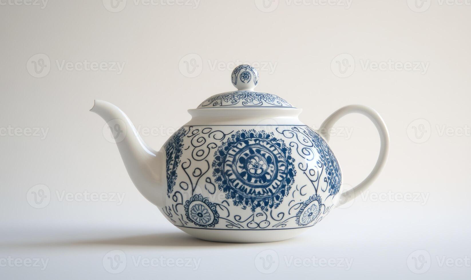 A blue and white tea pot with a white lid photo