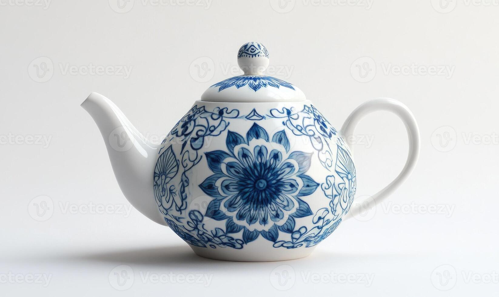 A blue and white tea pot with a flower design photo