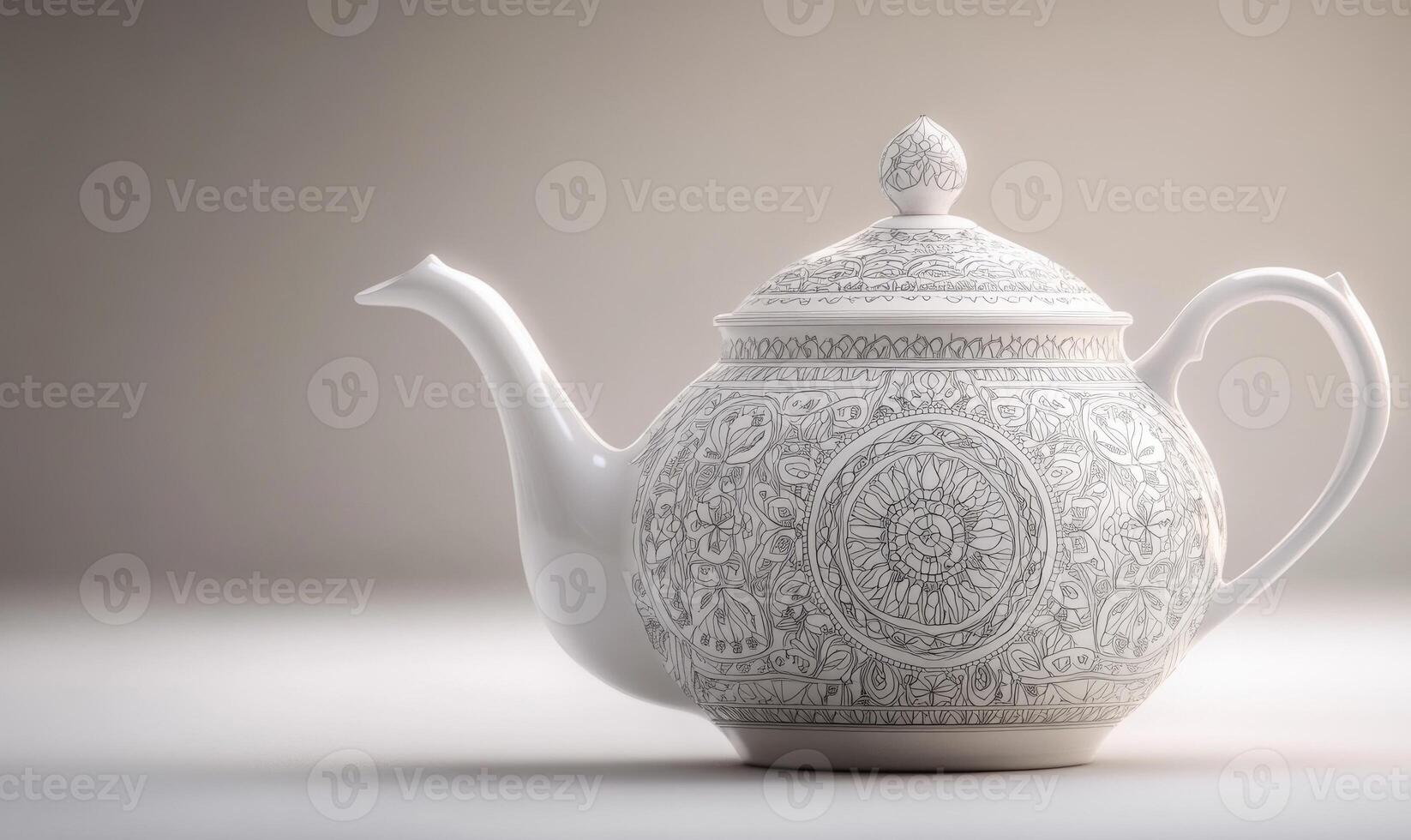 A white tea pot with a black design sits on a white table photo