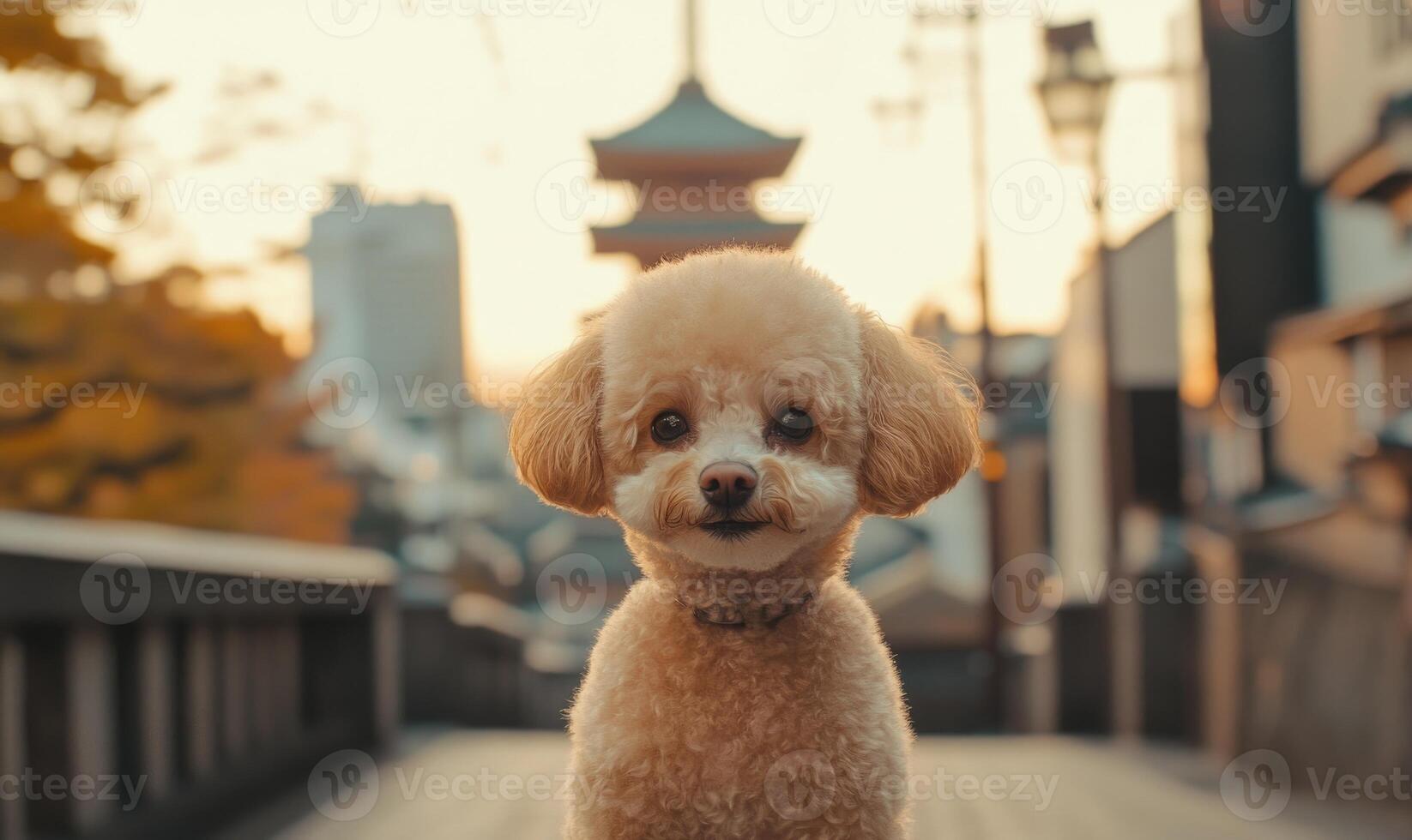 A small dog with a pink collar is standing on a sidewalk photo