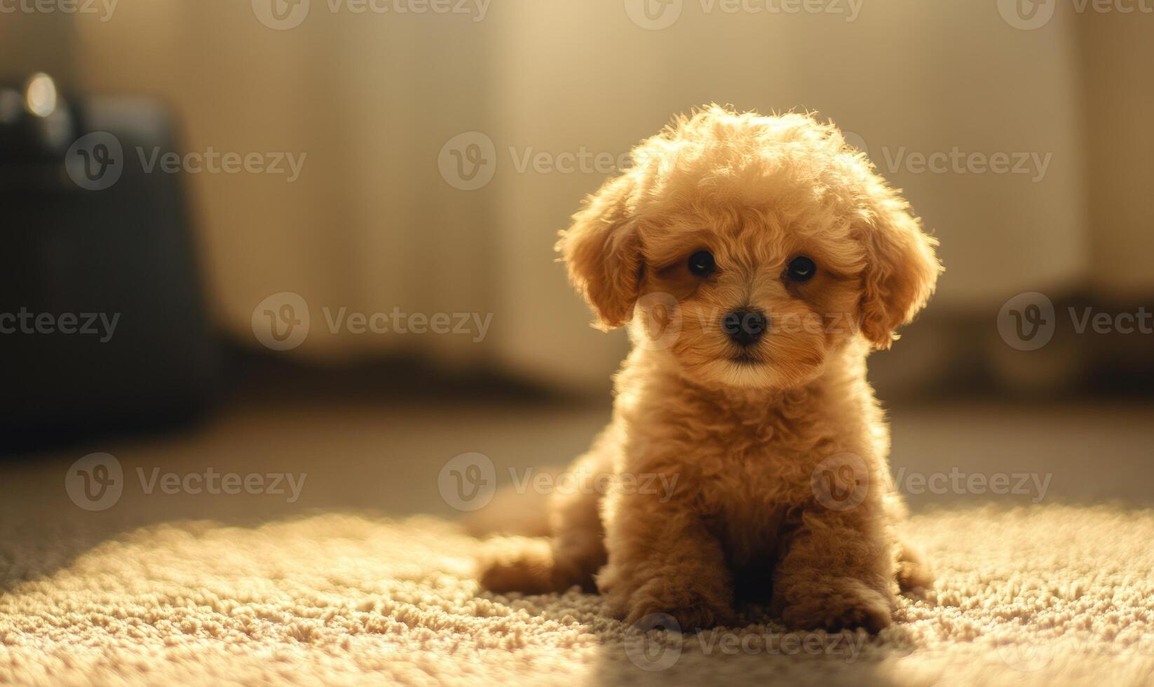 A small brown dog is sitting on a carpet, closeup photo