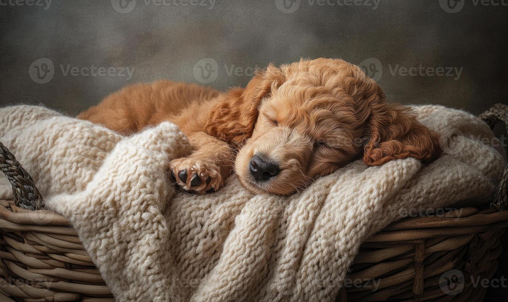 a puppy sleeping in a basket on a blanket photo