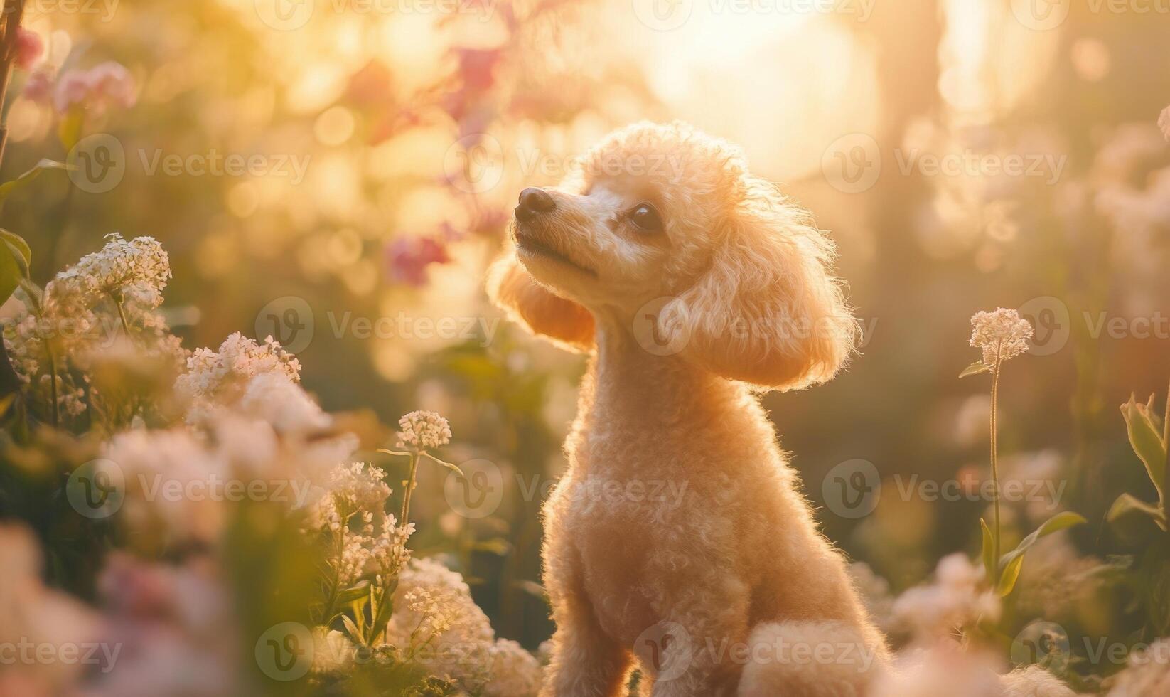 A small dog is sitting in a field of flowers photo