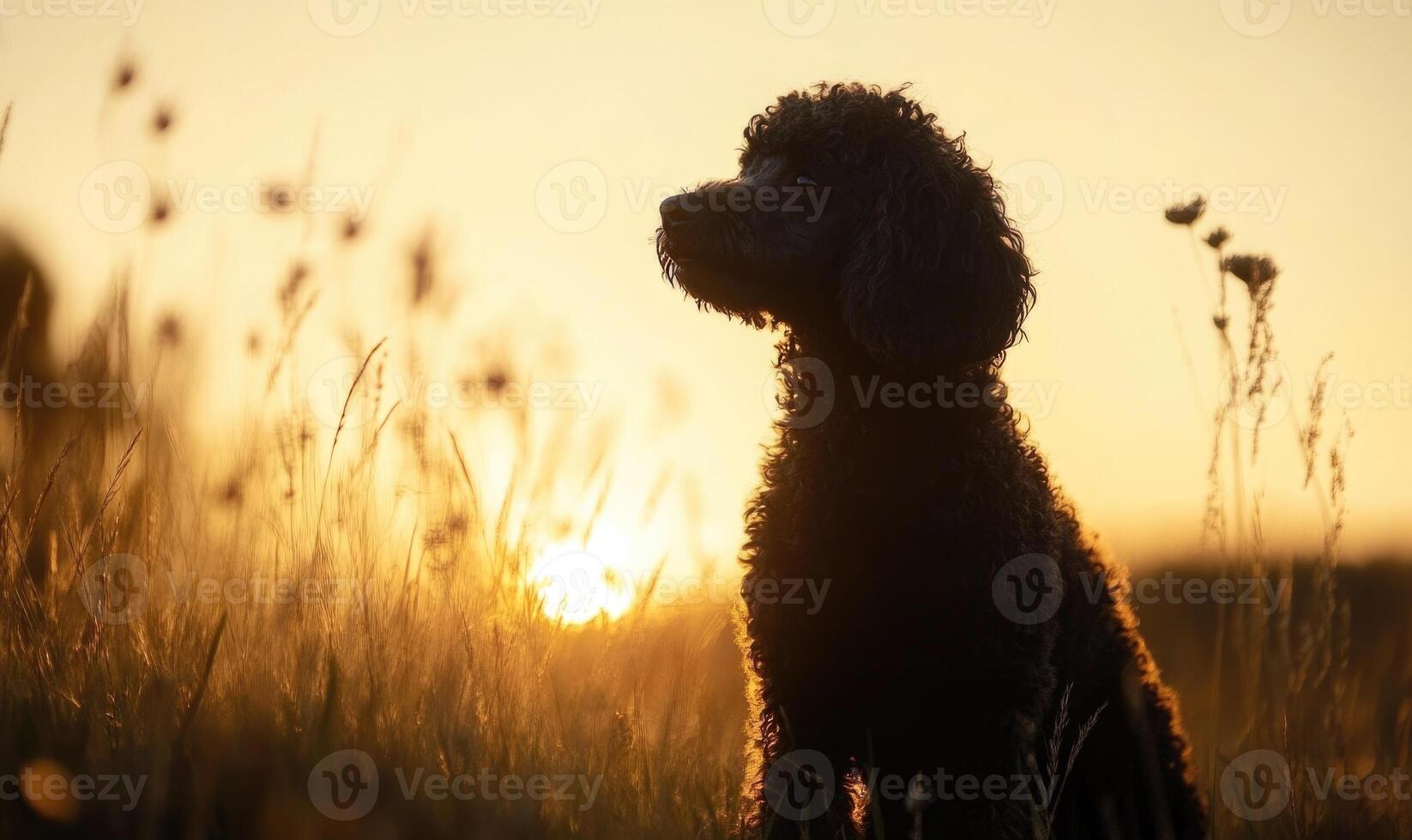 A black dog is standing in a field of tall grass photo