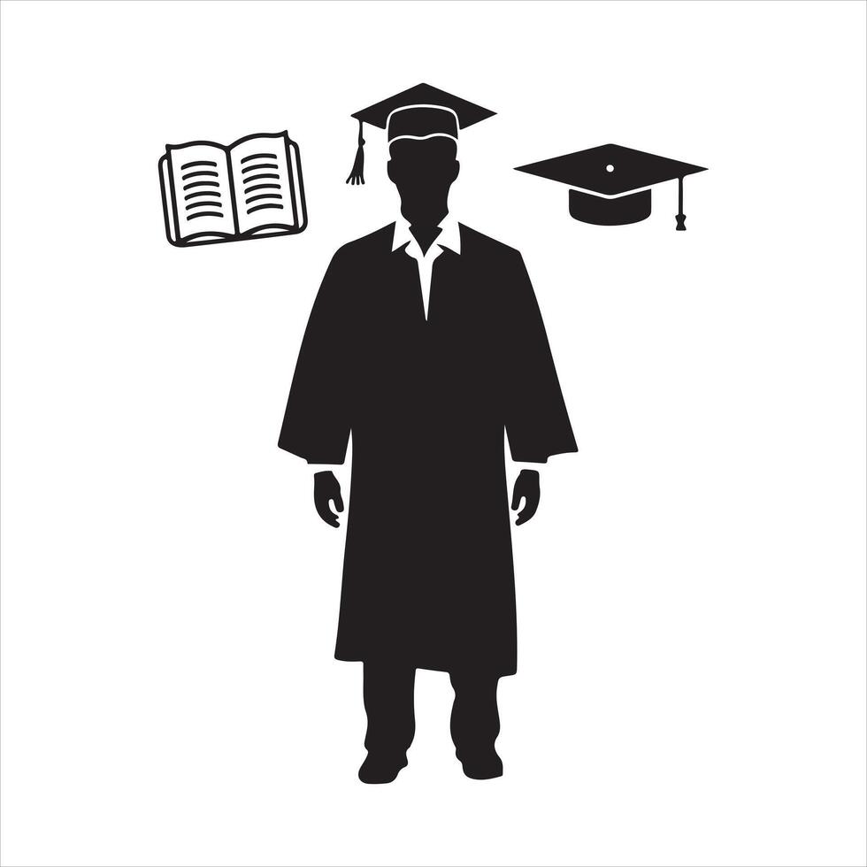 Graduation icon featuring a mortarboard, and open book Silhouette vector