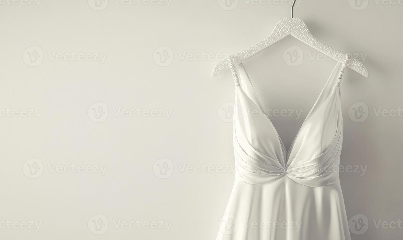 A white dress hanging on a hanger, white background photo