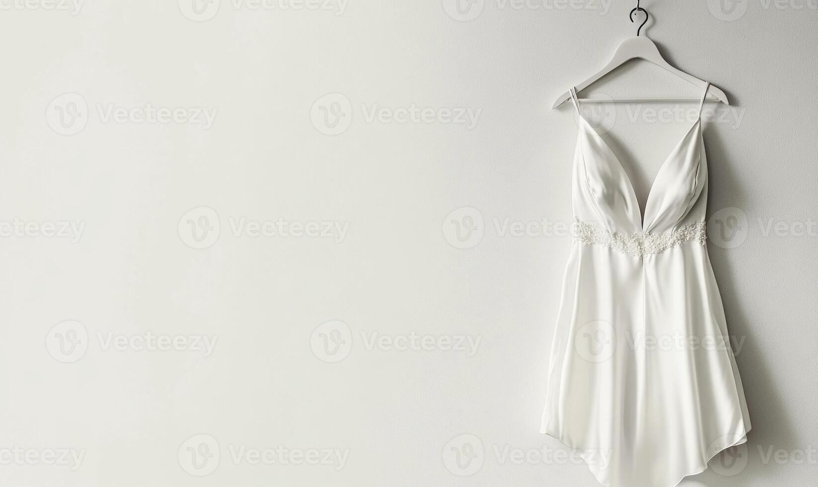 A white dress is hanging on a white hanger photo