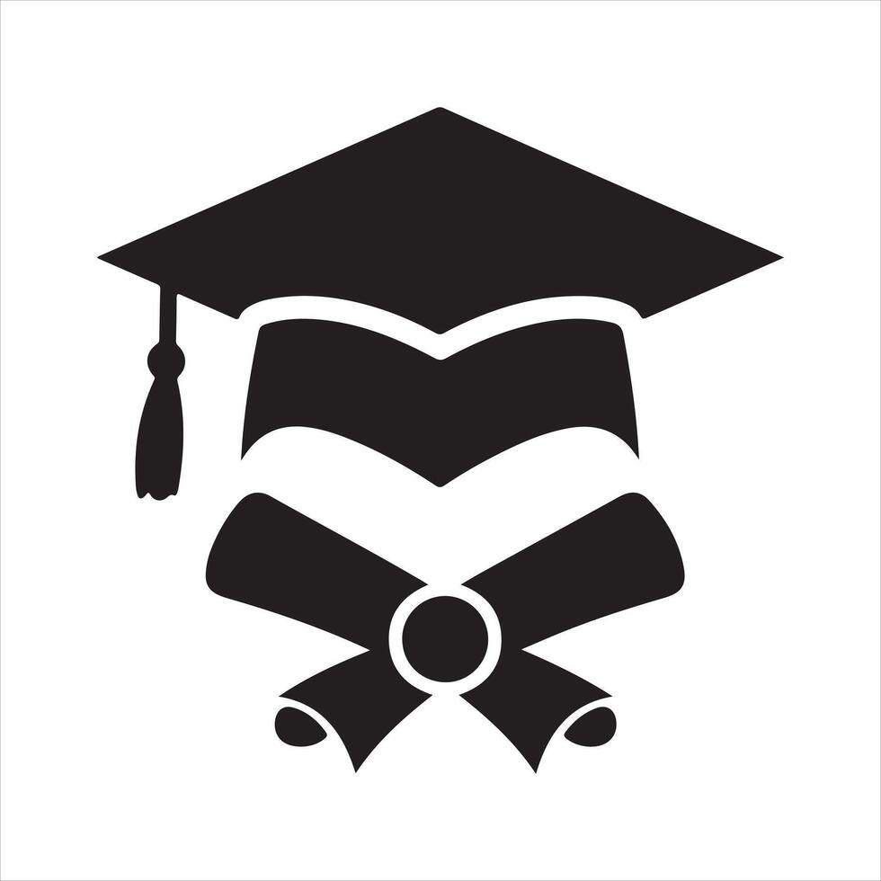 Graduation icon featuring a mortarboard, diploma, and open book Silhouette vector