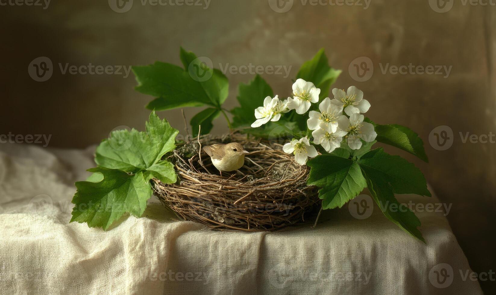 A nest with a bird inside is surrounded by leaves and flowers photo