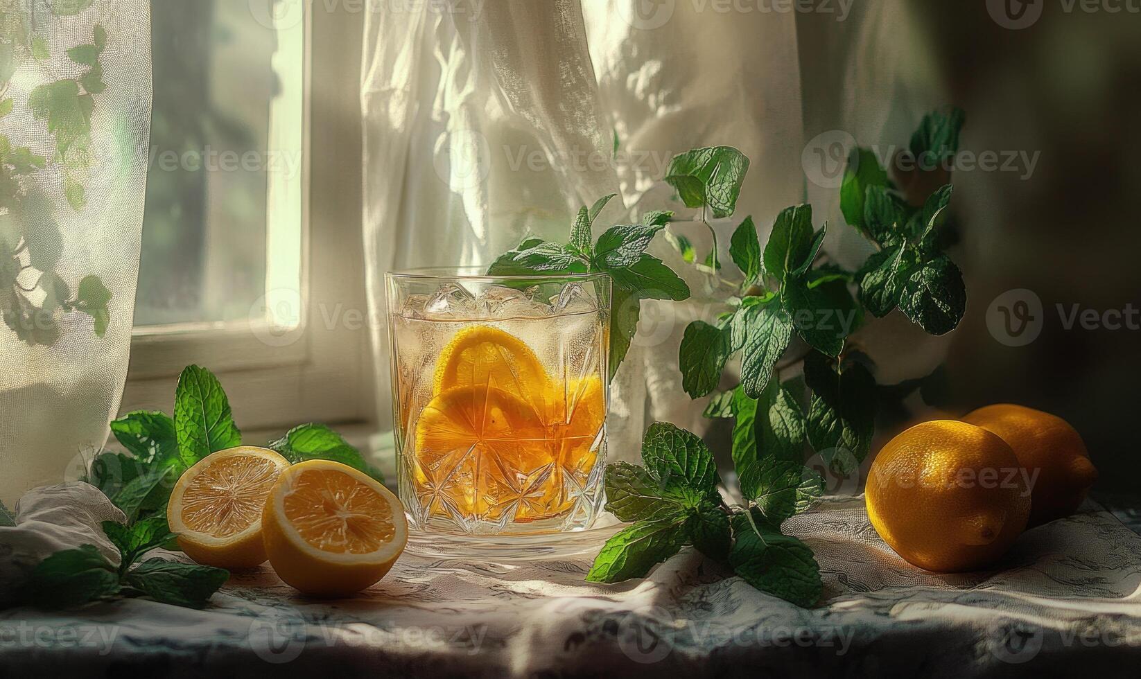 A glass of orange juice with a few slices of lemon and mint leaves photo