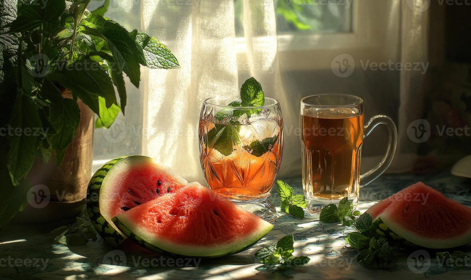 A glass of watermelon juice and a glass of tea sit on a table photo