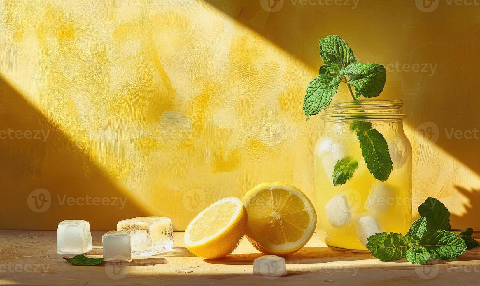 A jar of lemonade with ice cubes and a sprig of mint photo