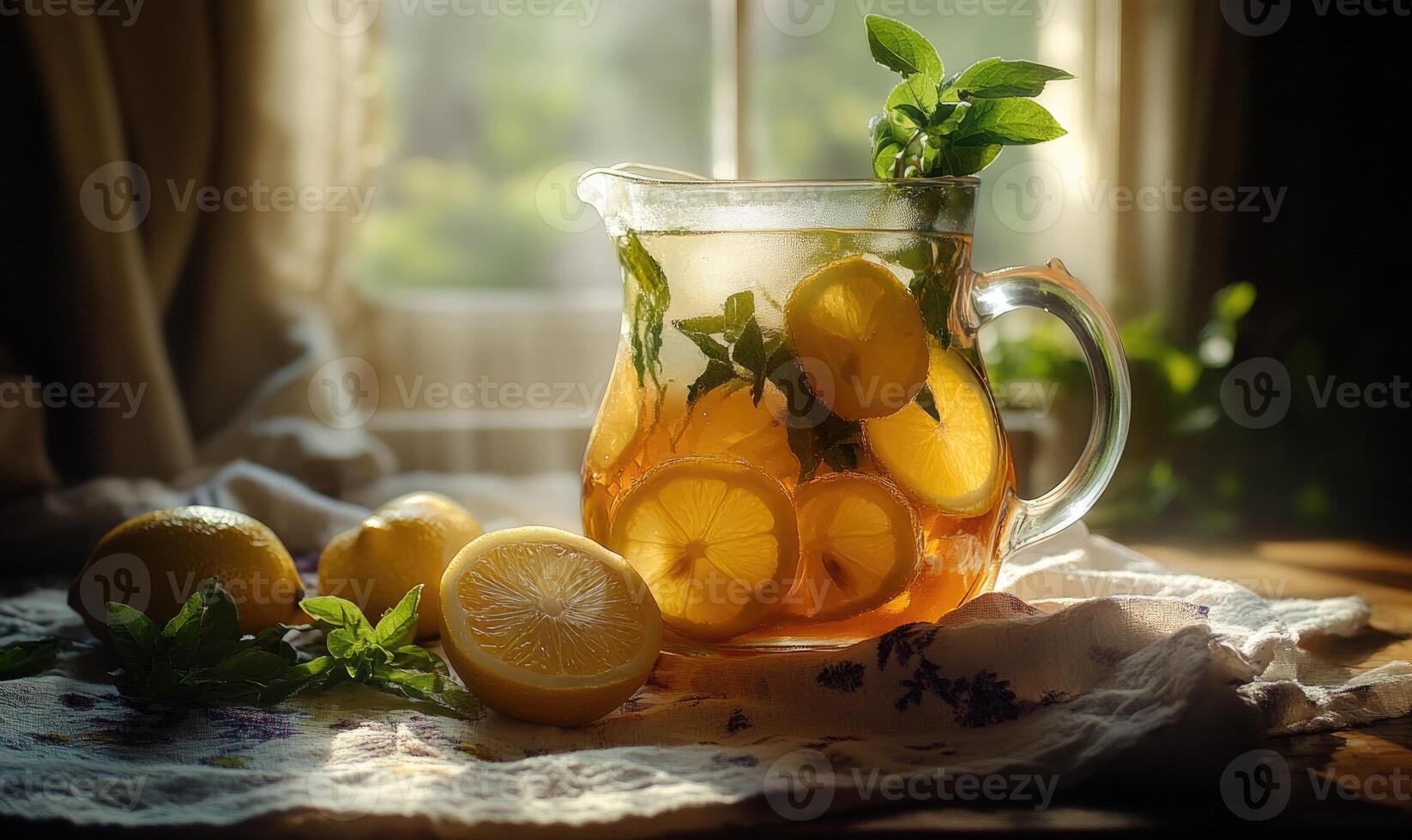 A pitcher of lemonade with a few slices of lemon in it photo