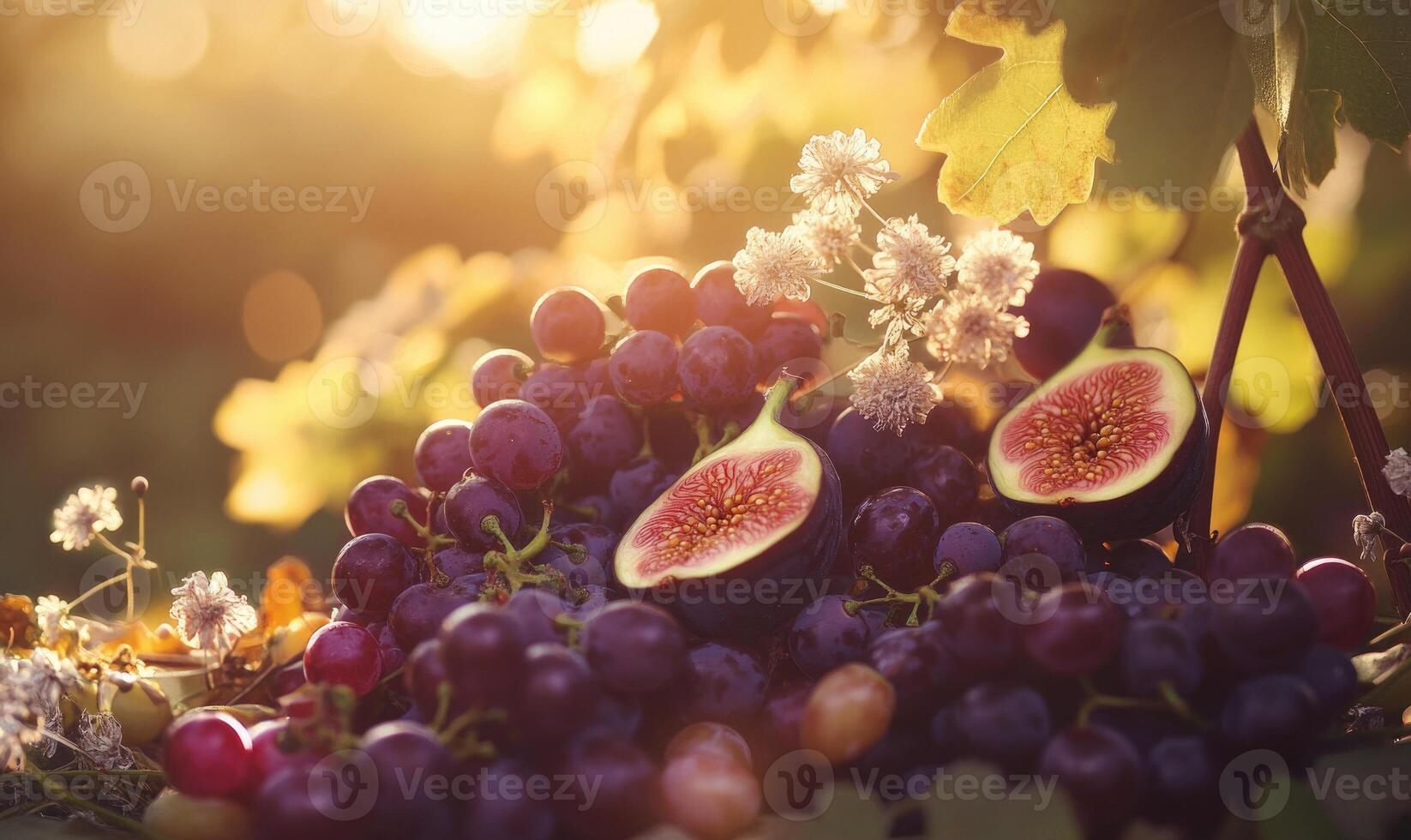 A bunch of grapes and figs on a table photo