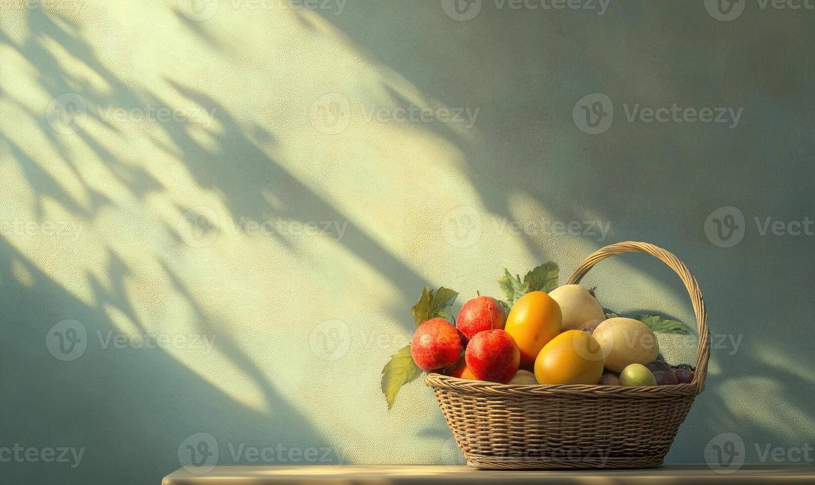 A basket of fruit is on a table photo
