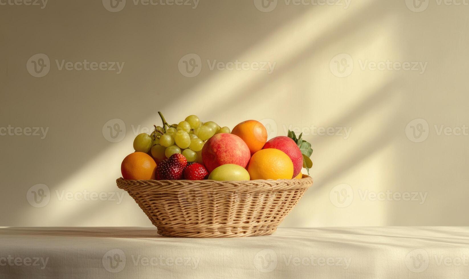 A basket of fruit including apples, oranges, and grapes photo