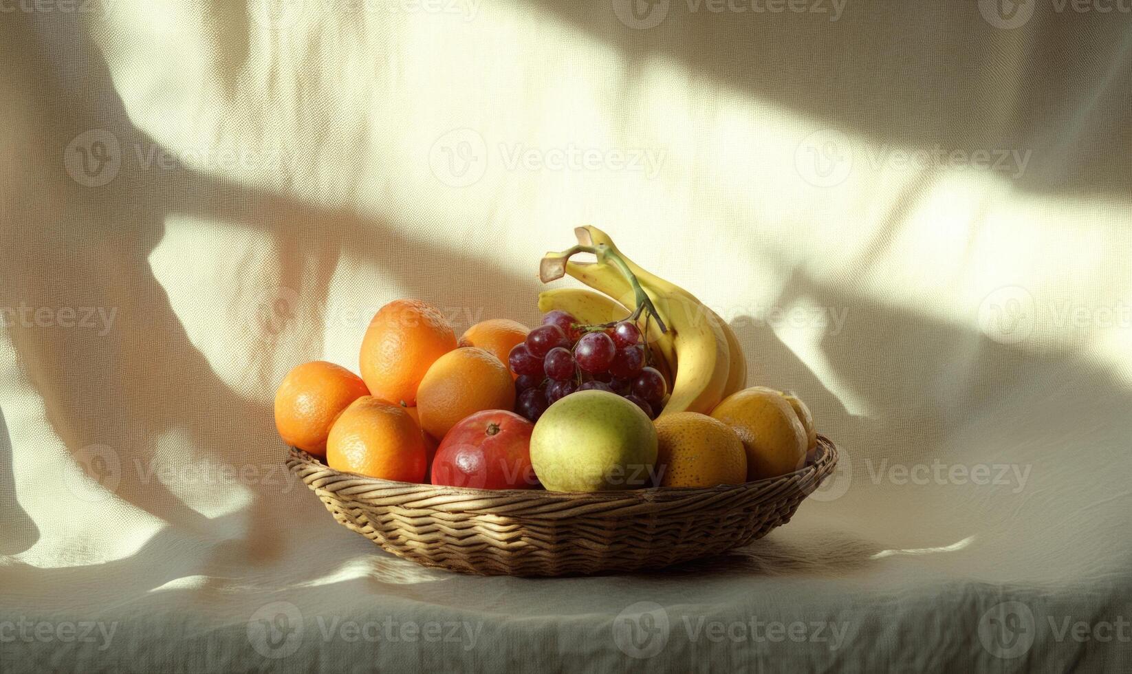A basket of fruit including bananas, apples, oranges, and grapes photo