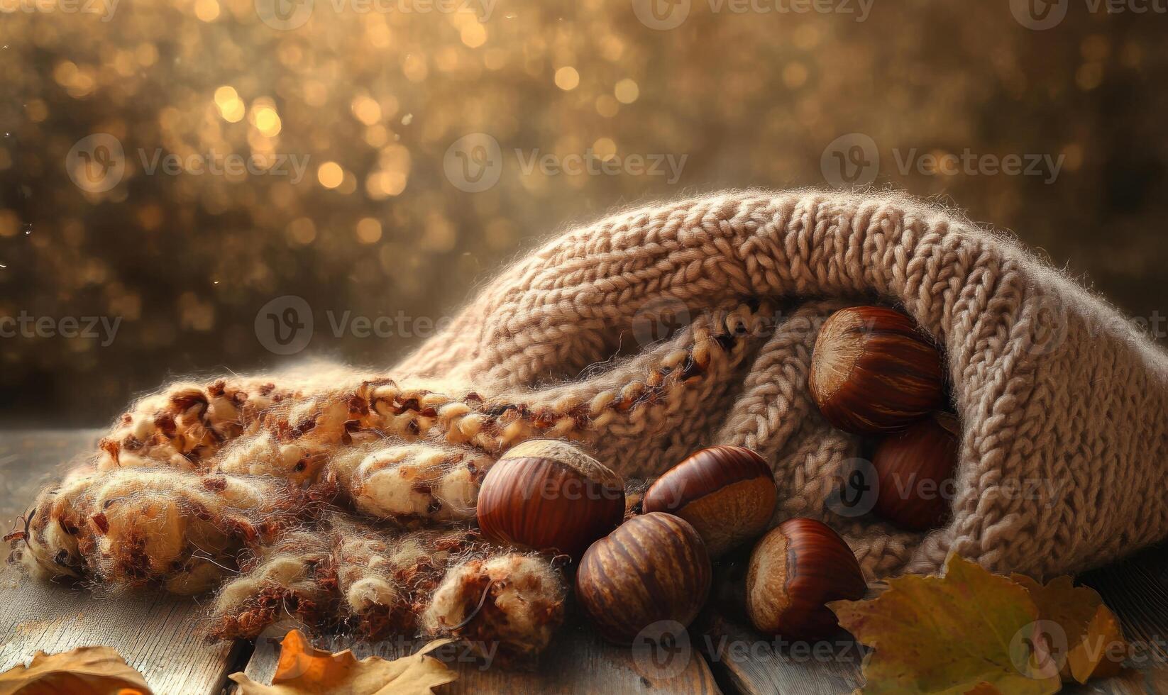 A blanket with nuts and leaves on it photo