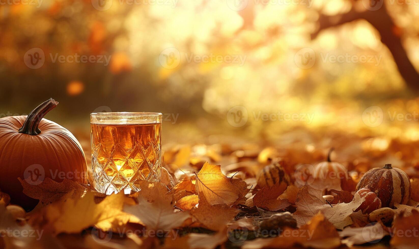 A glass of liquid is on a table with a pumpkin and a pile of leaves photo