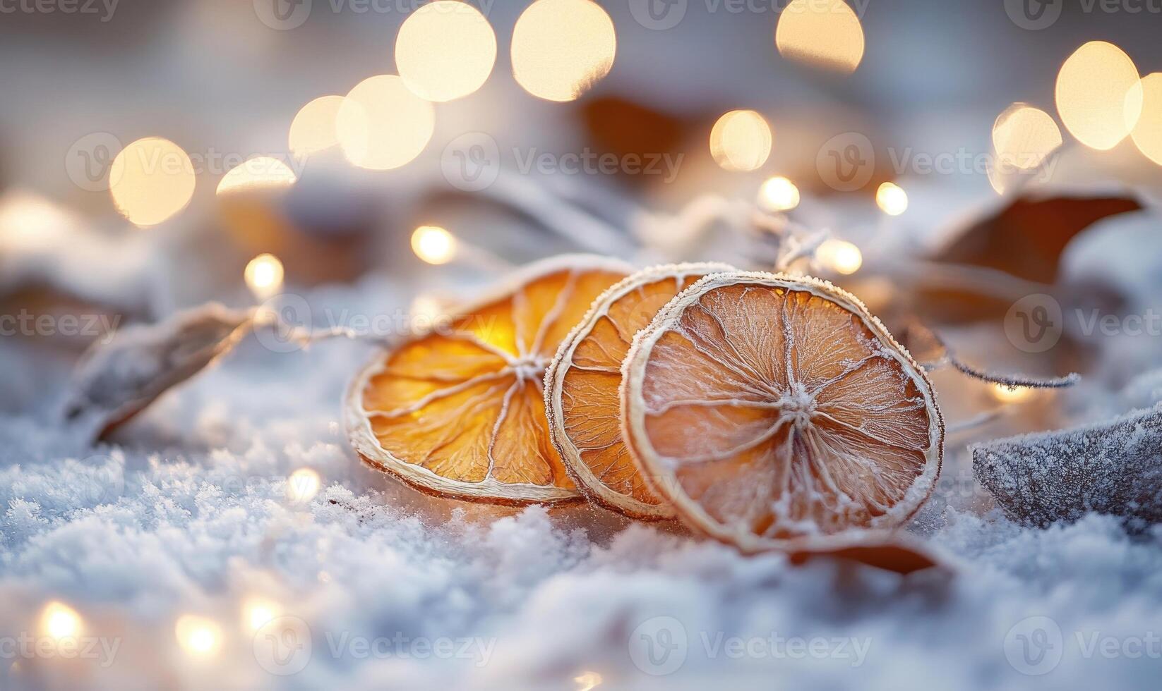 Three oranges are on a snowy surface photo