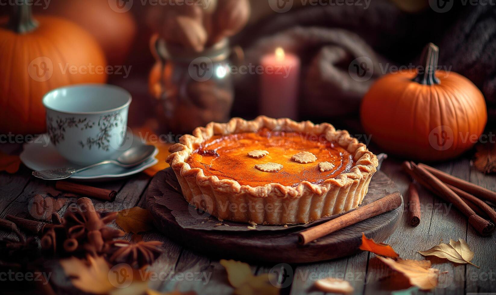 A pumpkin pie sits on a wooden table with a candle and some spices photo