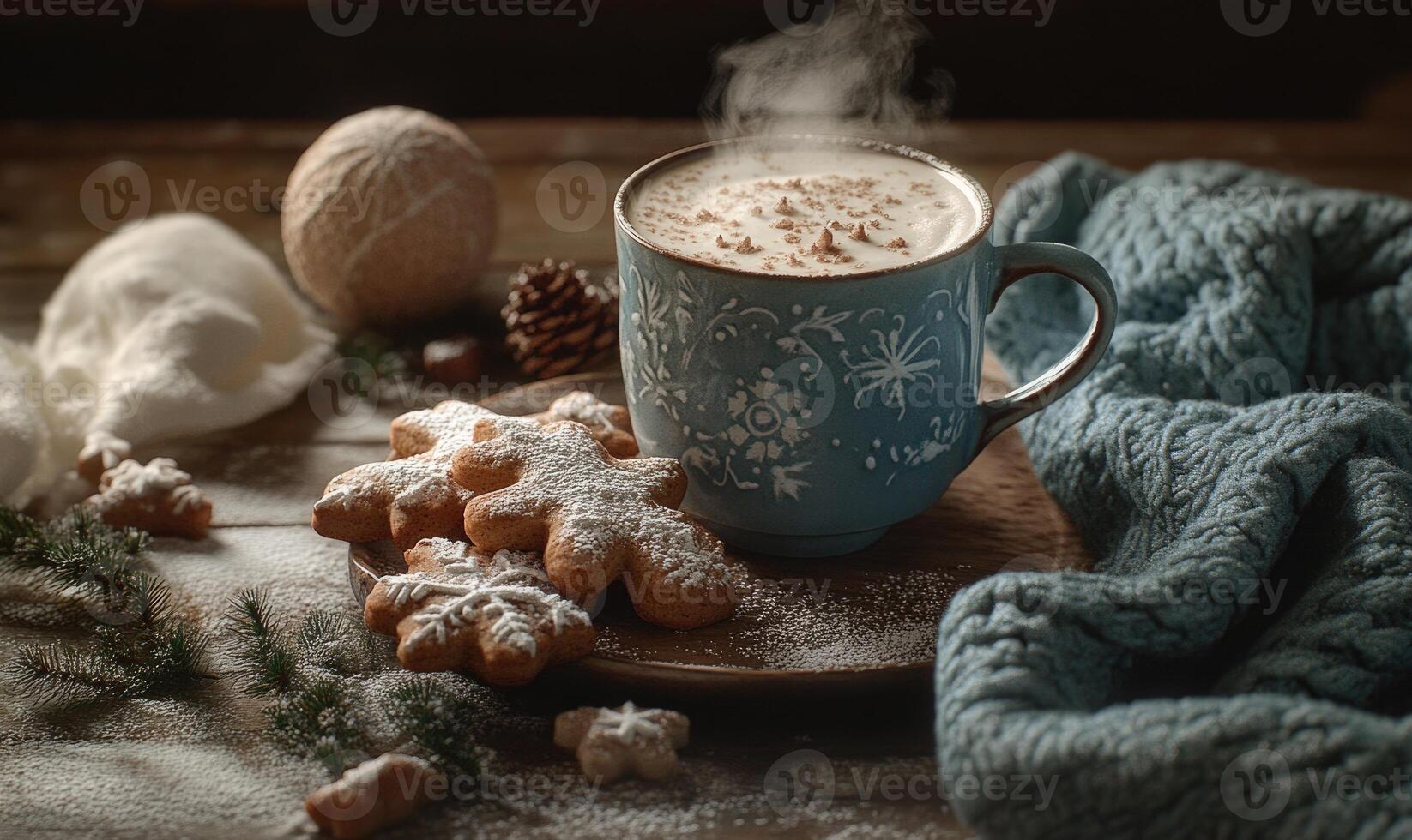 A blue mug with a snowflake design sits on a wooden table photo