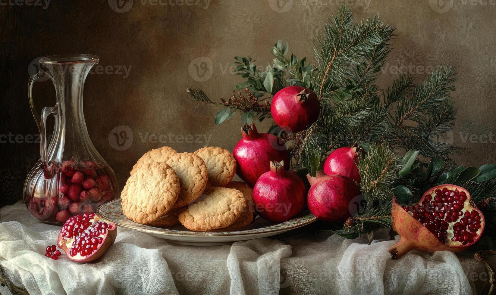 A plate of cookies and pomegranates on a table photo