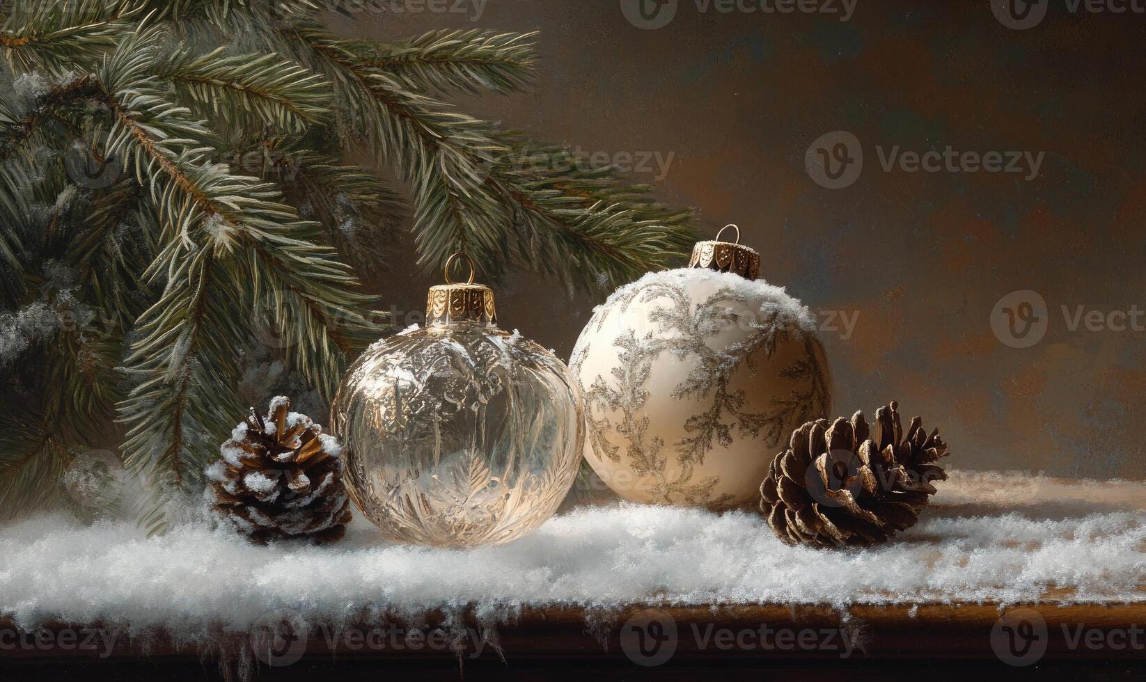 Two white and clear glass ornaments with a pine cone on a table photo