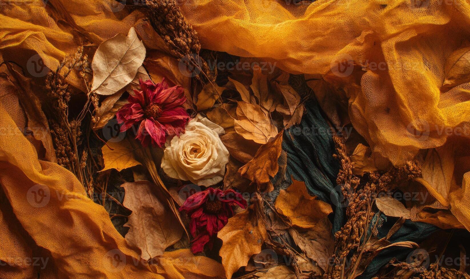 A yellow cloth with flowers and leaves on it photo