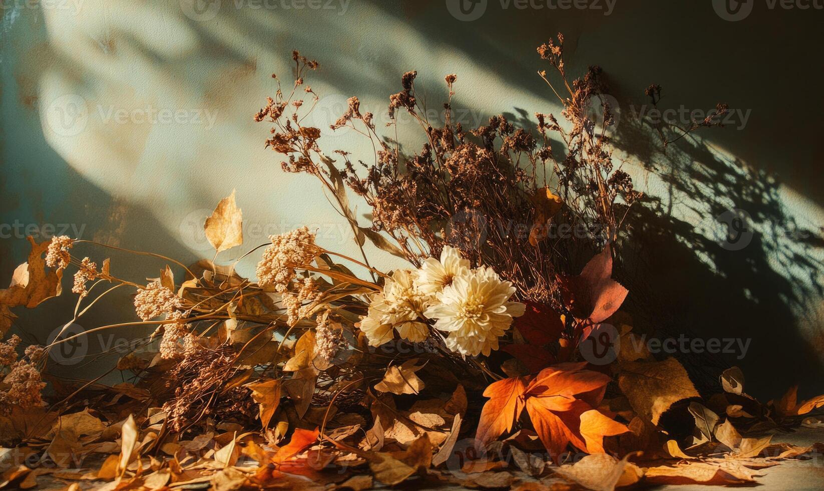 A vase of flowers with leaves and stems photo