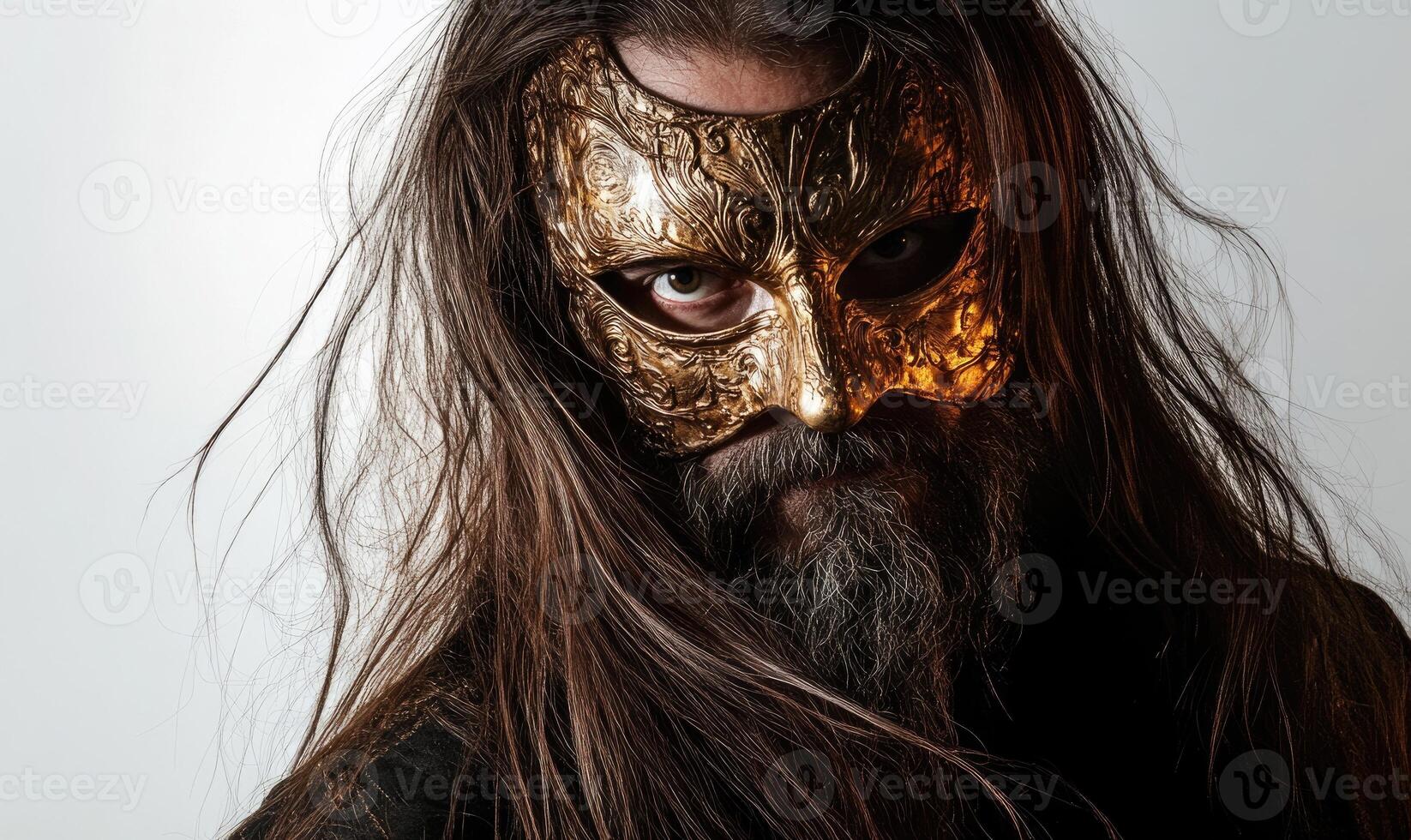 A man with a gold mask on his face photo