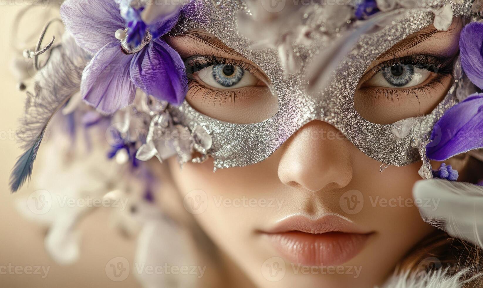 A woman wearing a mask with purple flowers on it photo