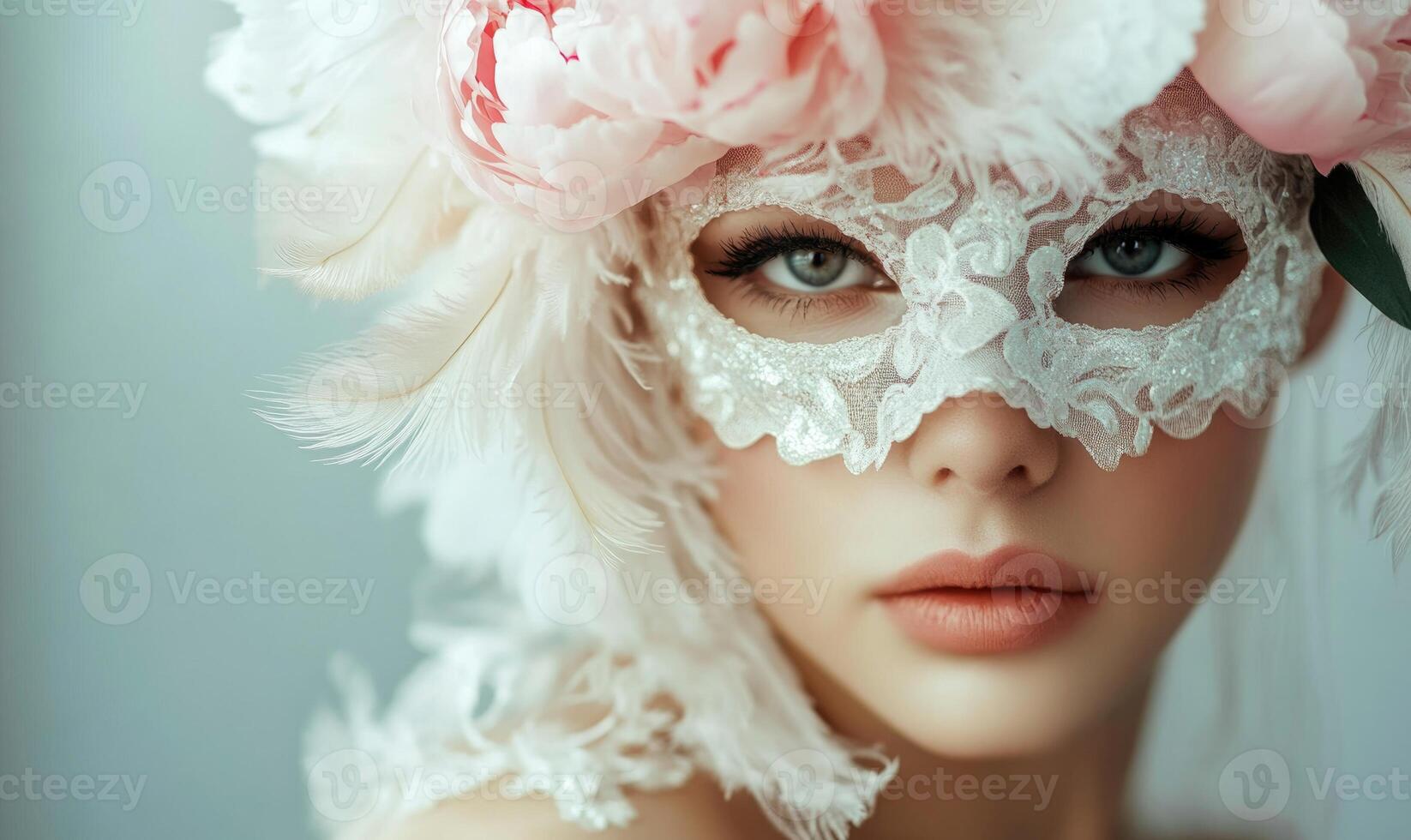 A woman wearing a white mask with pink feathers photo