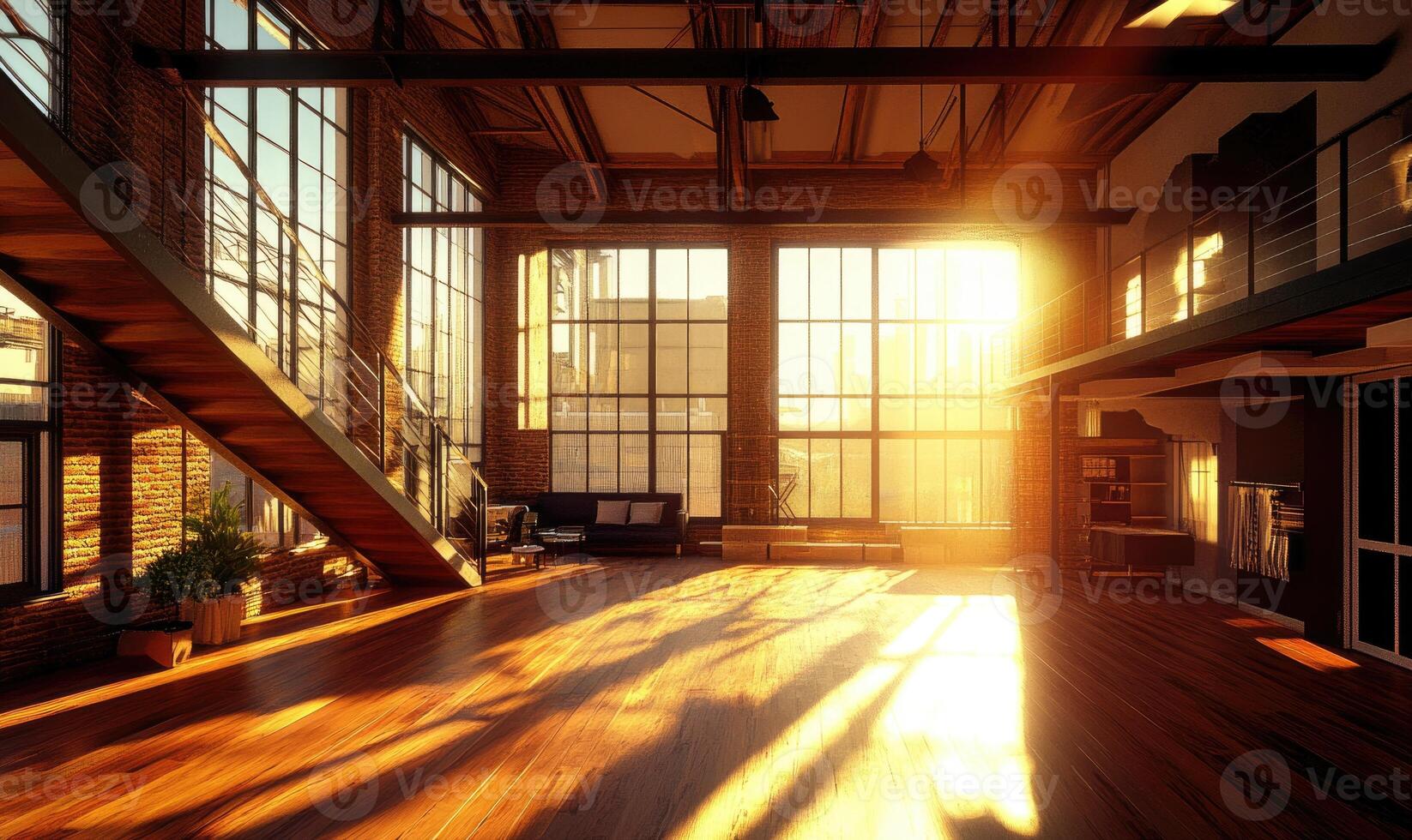 A large open room with a staircase and a couch photo