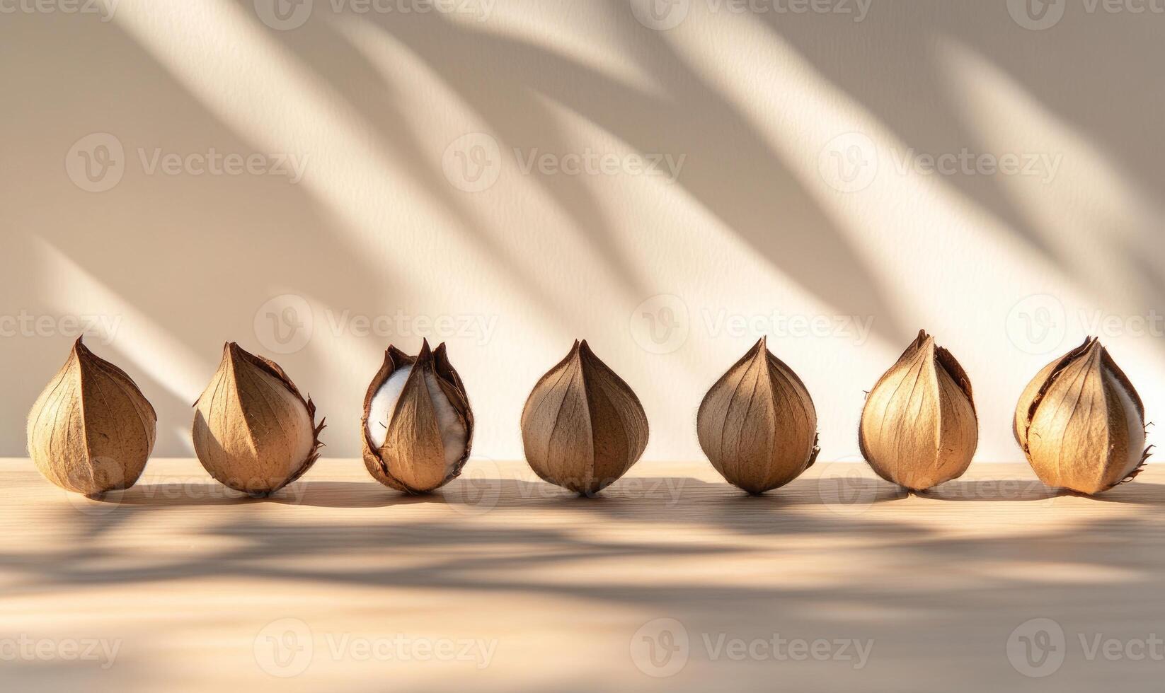 A row of nuts are on a table photo