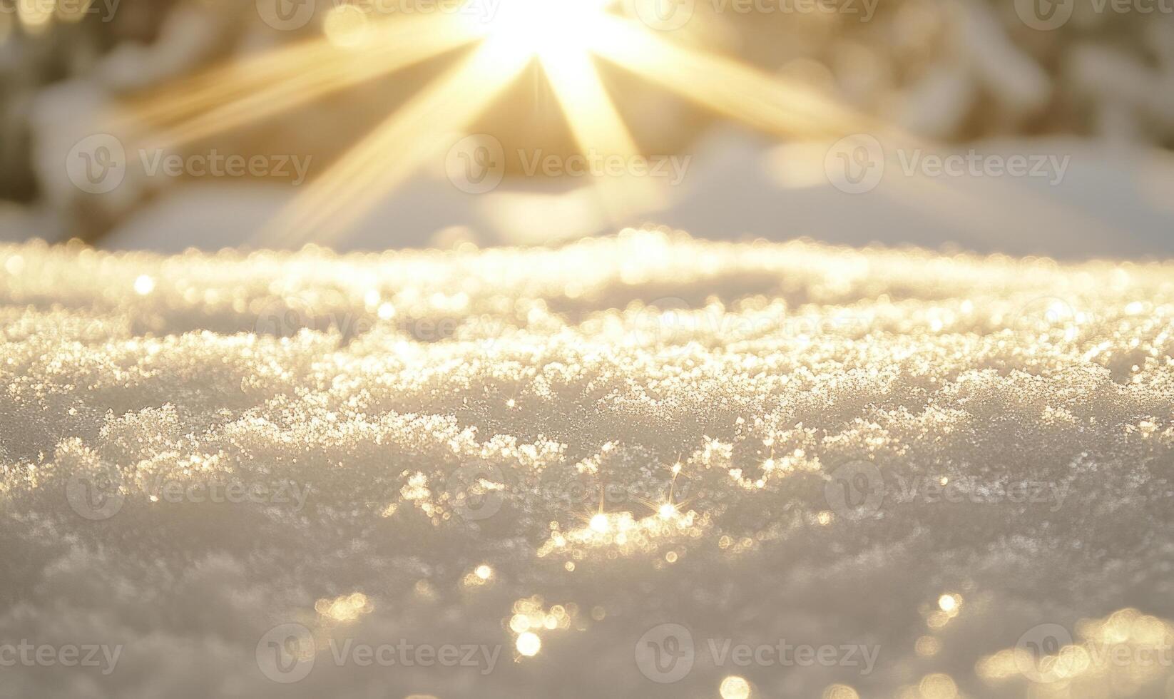 A snow covered field with the sun shining on it photo