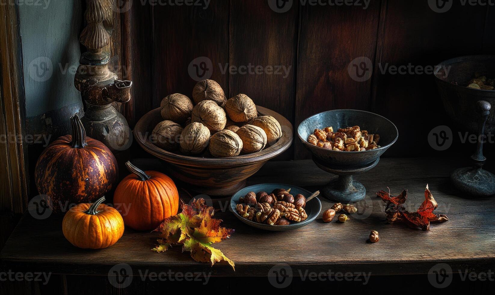 A table with a bowl of nuts, a bowl of nuts, a bowl of nuts, a bowl of nuts photo