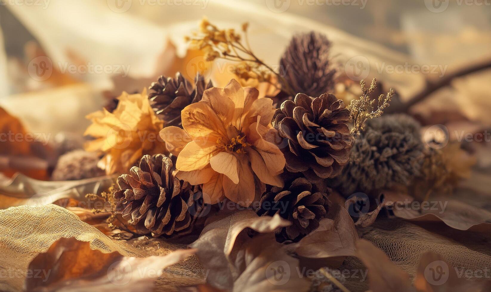 A bunch of pine cones and flowers are on a table photo