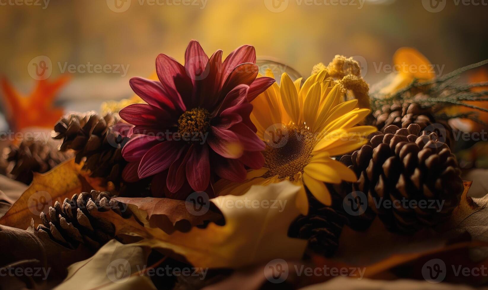 A bouquet of flowers and pine cones on a table photo