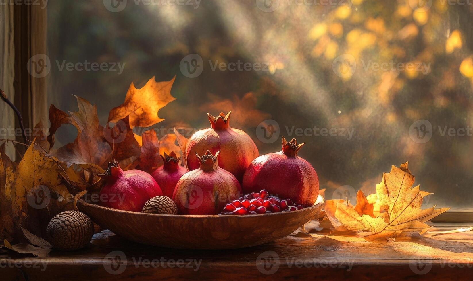 A bowl of pomegranates and leaves sits on a table photo