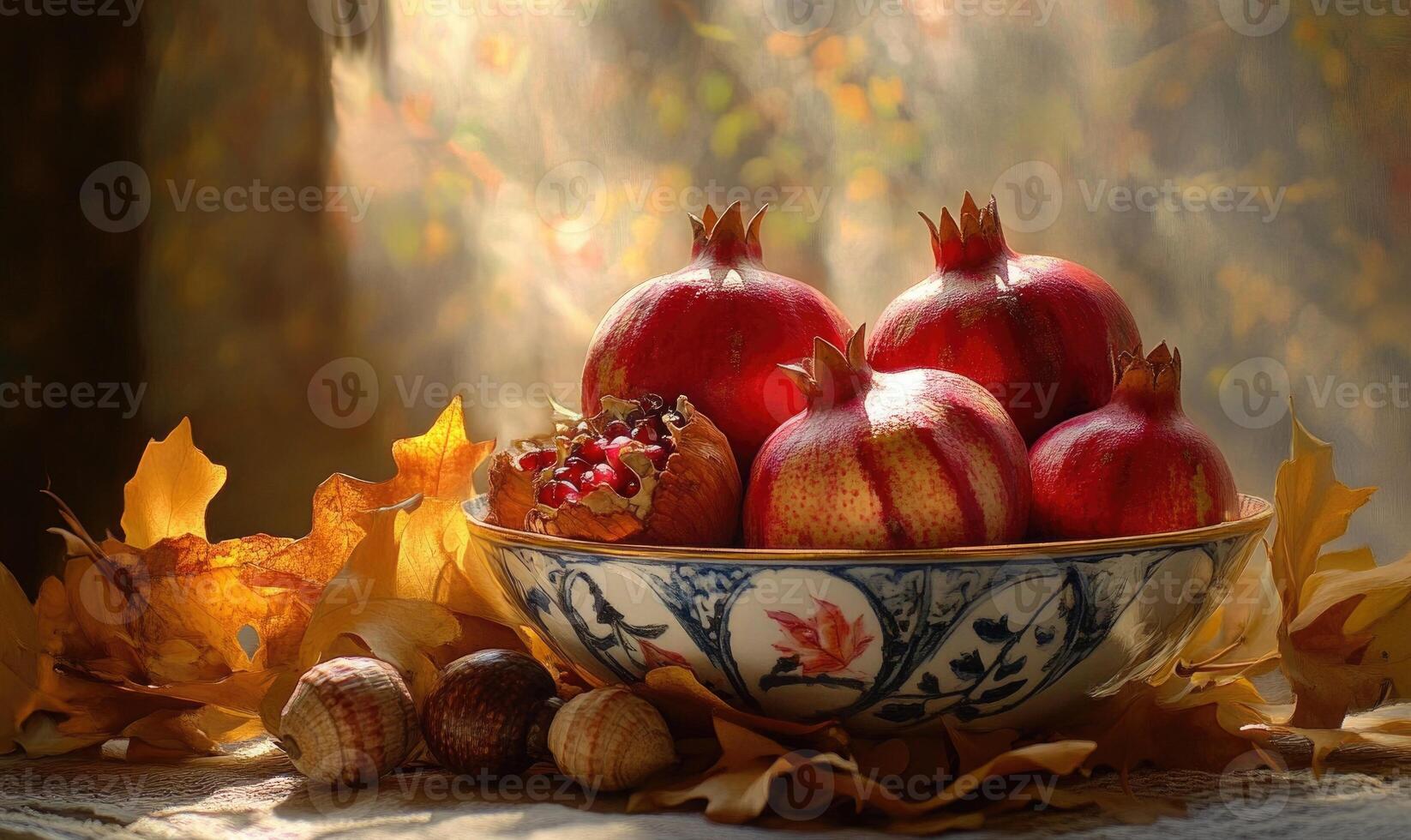 A bowl of pomegranates is on a table photo