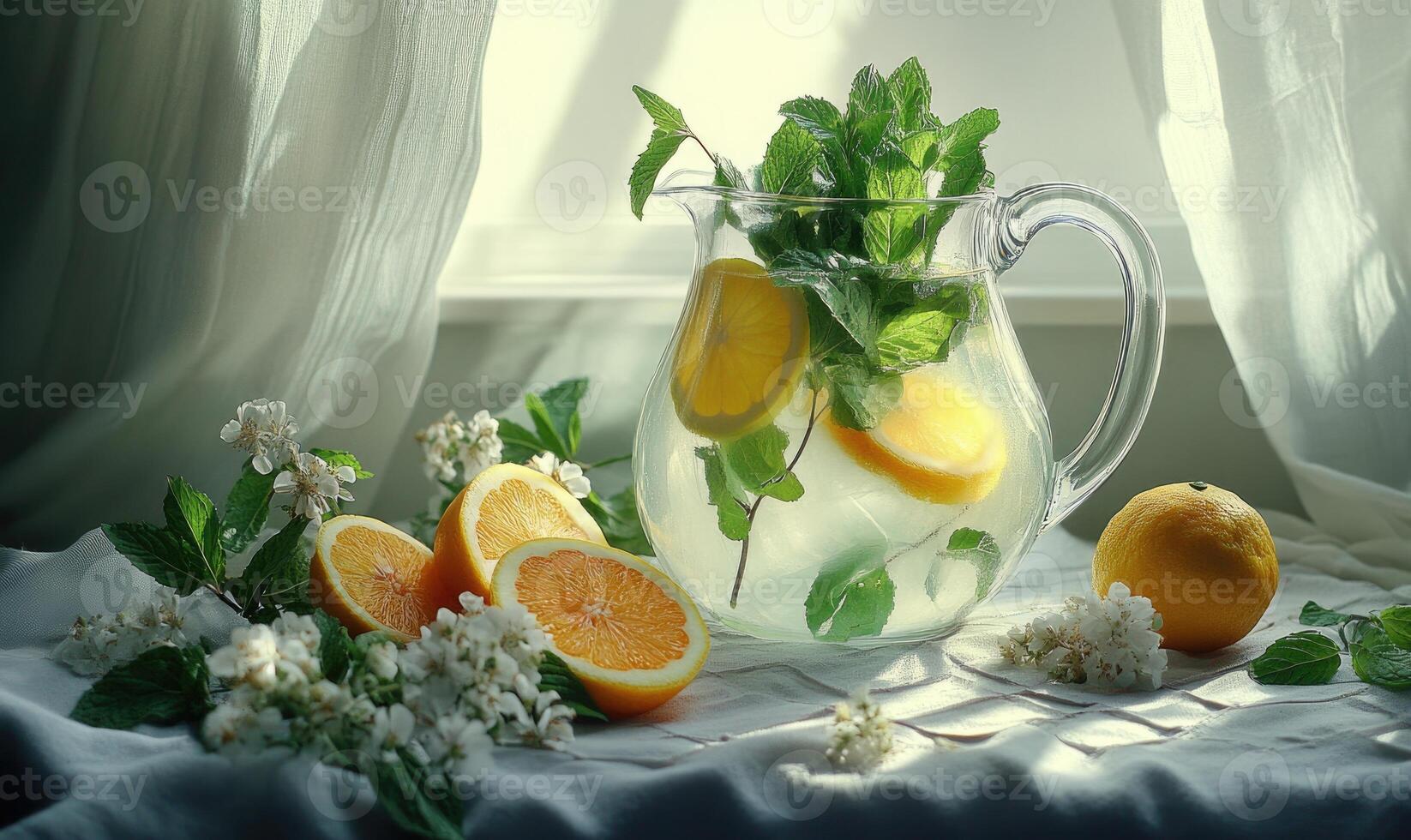 A pitcher of water with a few slices of oranges and mint leaves photo