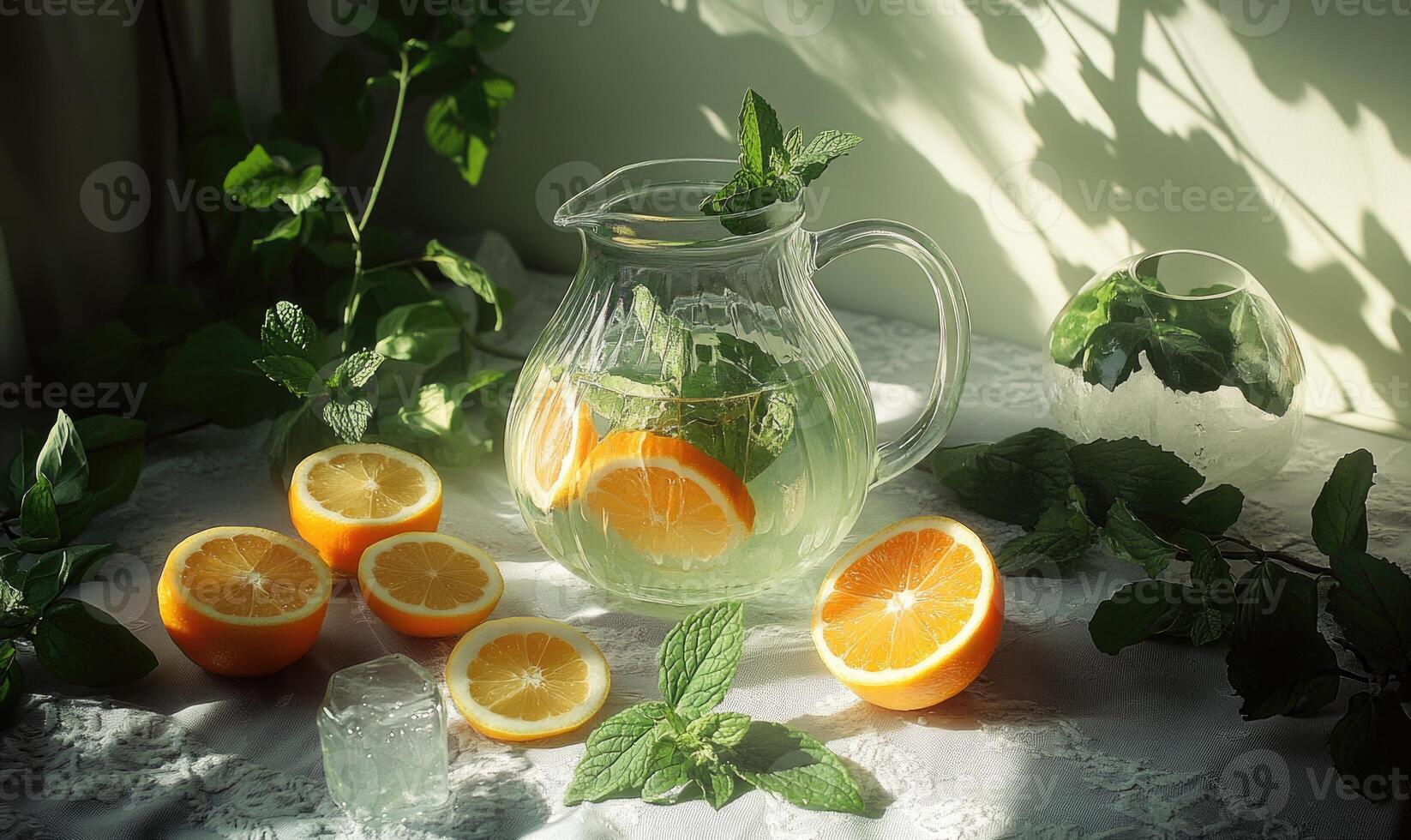 A pitcher of water with sliced oranges and mint leaves photo