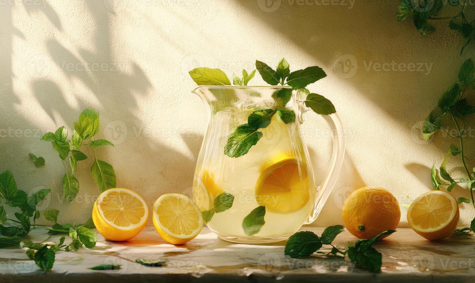 A pitcher of lemonade with mint leaves and sliced lemons photo