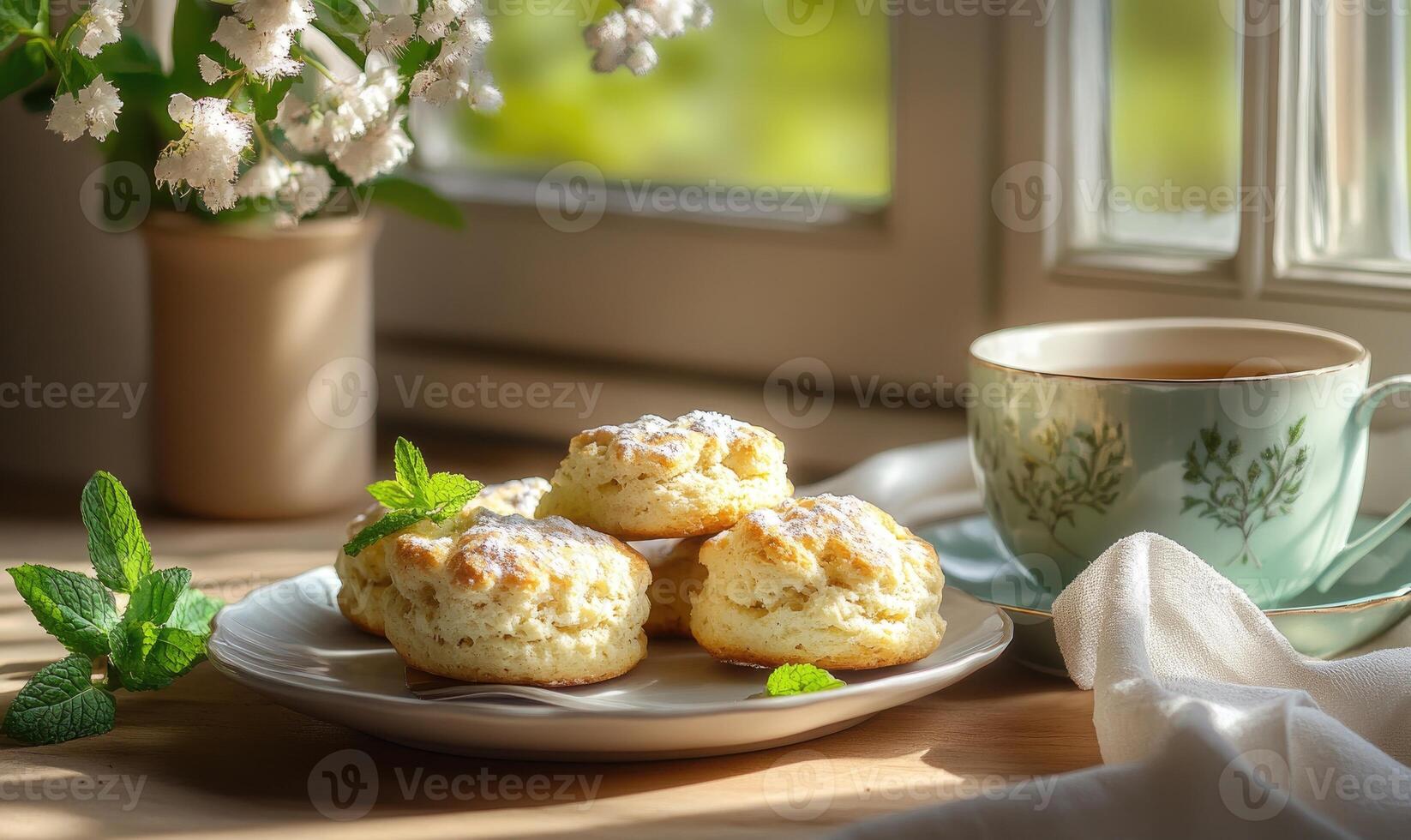 A plate of biscuits with a mint leaf on it photo