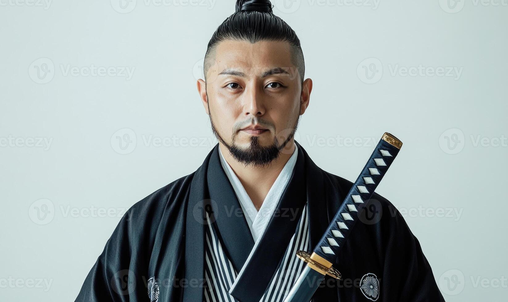 A man with a black and white outfit and a sword photo